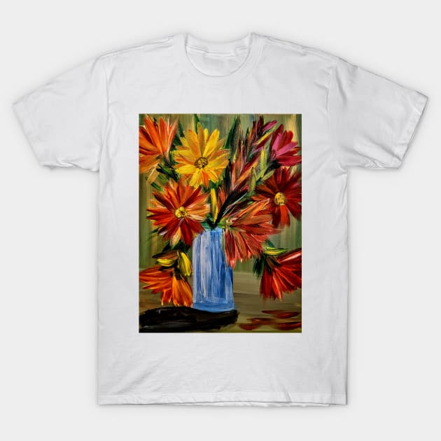 A lovely boutique of abstract vibrant bright colorful  flowers in a tall glass vase T-Shirt by kkartwork